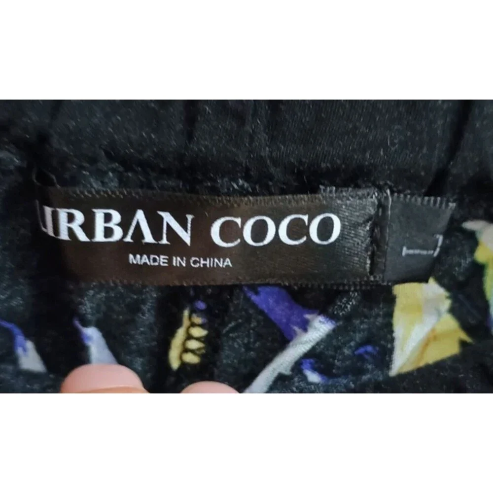 Urban Coco Women's Black Feather Print Palazzo Pants Elastic Waist Boho Lounge L